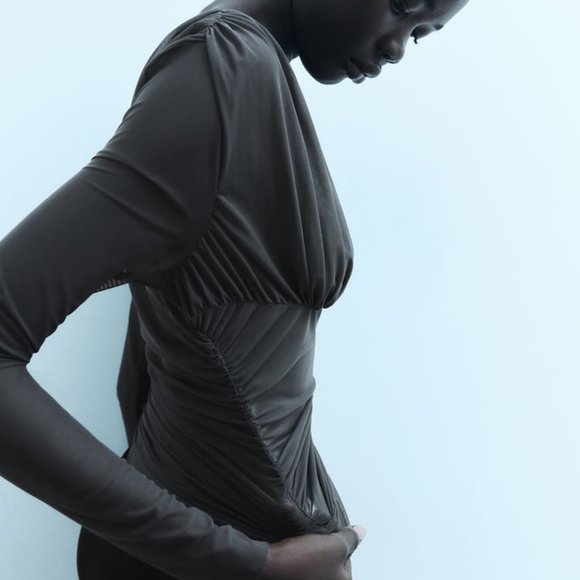 NWT DARK BLUE GRAY DRAPED SLIT TULLE TOP - Picture 4 of 9